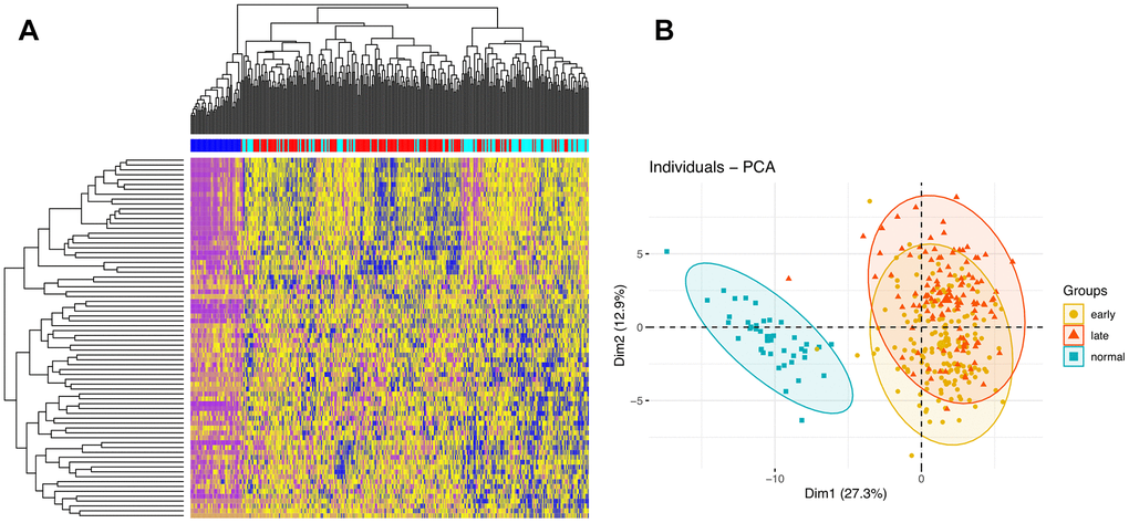 Clustering analyses. (A) Hierarchical clustering analysis of DEGs. The intersections of DEGs of early vs late stage are used to cluster samples. Normal, early stage, and late stage samples are marked by dark blue, red, and light blue, respectively. (B) PCA of samples.