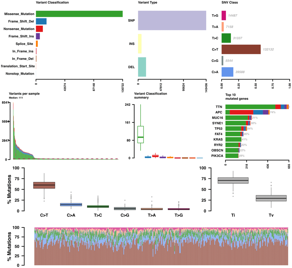 Somatic variant analysis of COAD-TCGA data. Variants per sample are shown as a stacked barplot and variant types as a boxplot summarized by variant classification.