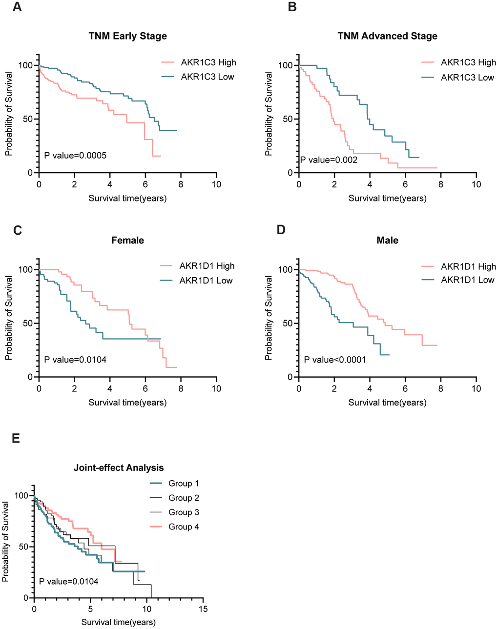 Subgroup and joint-effect analysis of AKR1C3 and AKR1D1. (A, B) High expression of AKR1C3 suggested poor prognosis in the early and advanced TNM stage. (C, D) Low expression of AKR1D1 was related to poor prognosis in male and female. (E) Joint-effect analysis of AKR1C3 and AKR1D1.