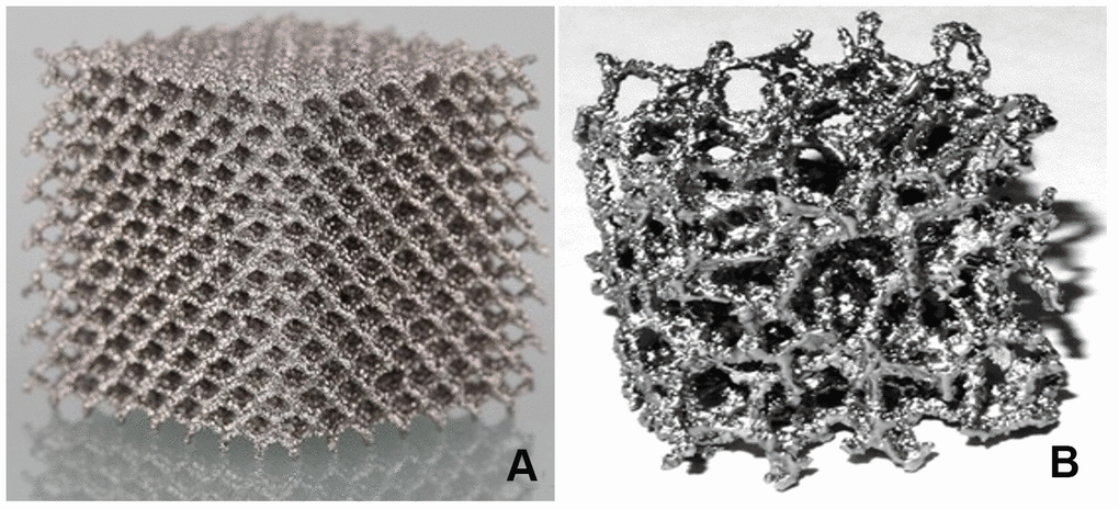 Classical and trabecular pore structures. (A) The plant structure in titanium alloy with classical pore structure was arranged in the surrounding space with regular hexahedral mesh as the base. (B) The plant structure in titanium alloy with trabecular pore structure was similar to normal human cancellous bone, which was called "cancellous bone like."