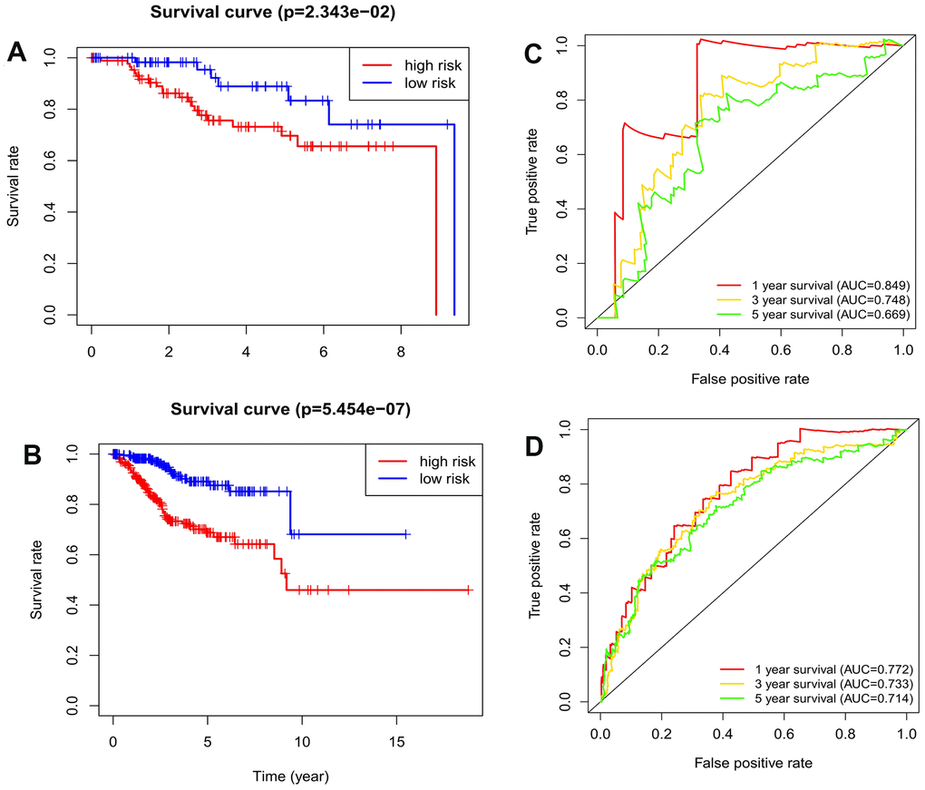 The validation of the autophagy-related lncRNA signature in the testing dataset and entire dataset. (A) Kaplan-Meier survival analysis for EC patients in the testing dataset; (B) Kaplan-Meier survival analysis for EC patients in the entire dataset; (C) Time-dependent ROC curve analysis for EC patients in the testing dataset. (D) Time-dependent ROC curve analysis for EC patients in the entire dataset.