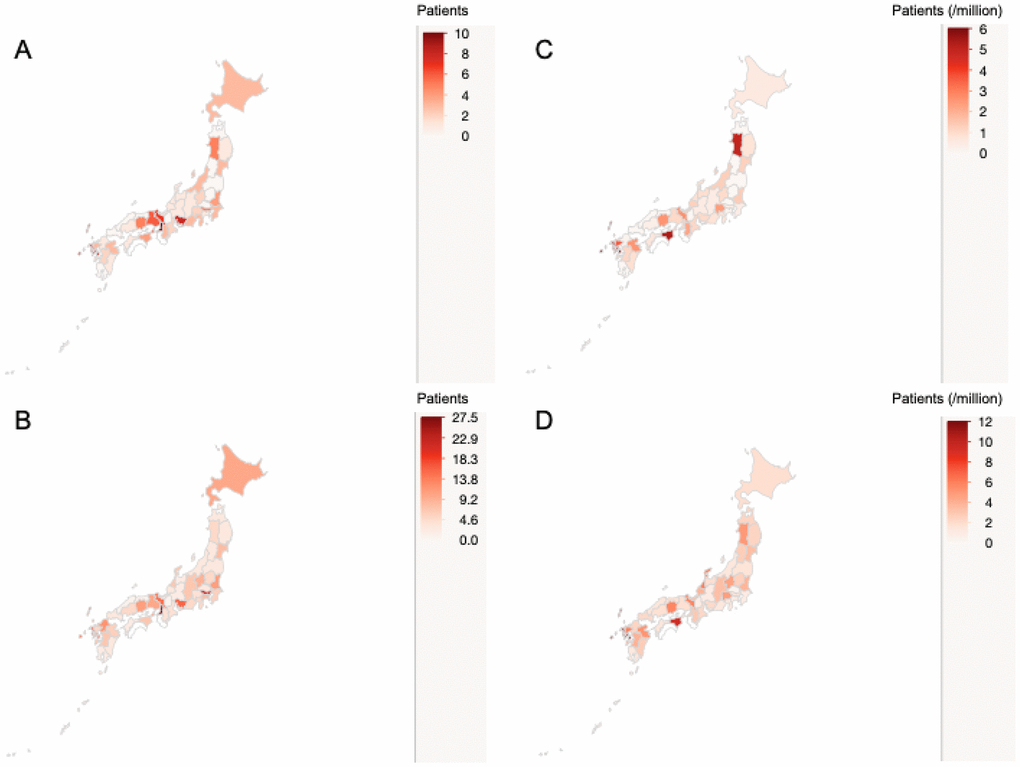 Nationwide distribution of patients with Werner syndrome in Japan. The map shows the nationwide distribution of patients with Werner syndrome. The concentration of red indicates the number of patients. The upper left map (A) shows the nationwide distribution of diagnosed cases. The lower left map (B) shows the nationwide distribution of total patients including diagnosed cases, suspected cases, and past confirmed cases. The upper right map (C) shows the diagnosed cases per million population. The lower right map (D) shows total patients including diagnosed cases, suspected cases, and past confirmed cases per million population.