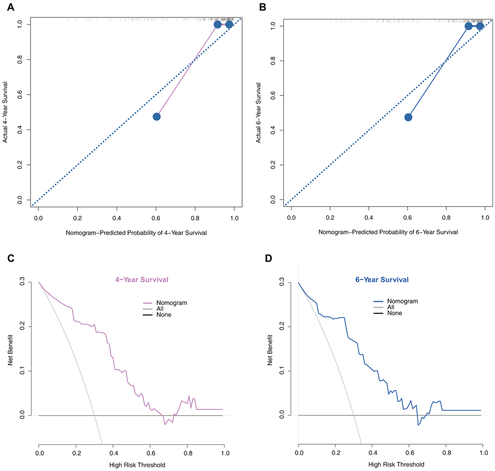 Model performance in the validation set. (A) 4-year calibration plot examining the estimation accuracy. (B) 6-year calibration plot examining the estimation accuracy. (C) 4-year decision curve analyses assessing clinical utility. (D) 6-year decision curve analyses assessing clinical utility.