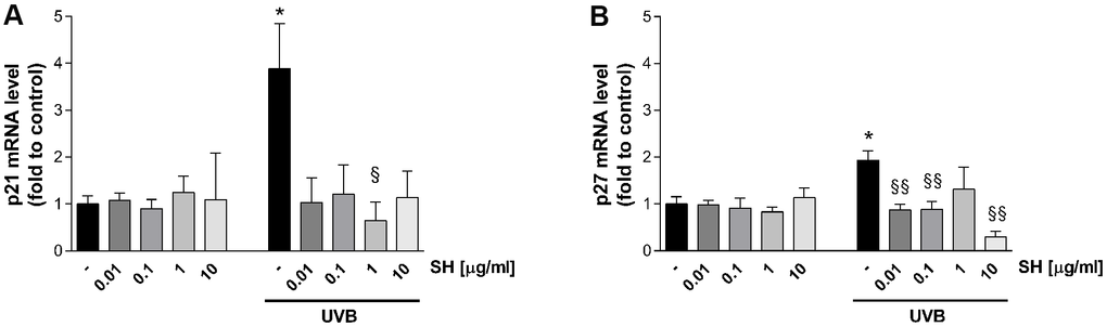 Effect of Salvia haenkei extract 0.01-0.1-1-10 μg/ml on p21 (A) and p27 (B) mRNA levels in HaCaT cells exposed and not exposed to UVB radiation (30 KJ/m2). Results are normalized to GAPDH, expressed as ratio of treatment vs control not exposed to UVB, and are the mean ± SEM of 3 independent experiments. *p vs control-UVB; §p p vs control+UVB.