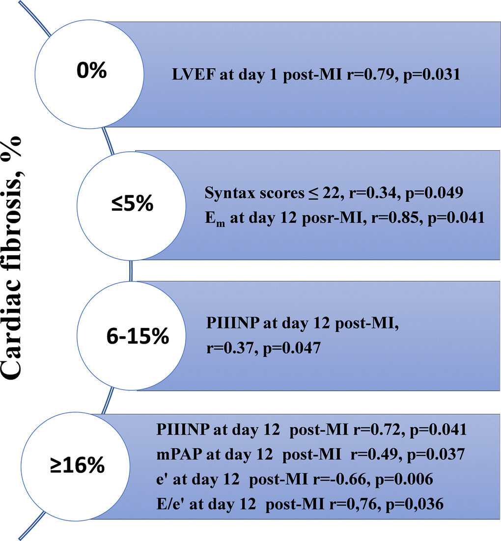 The results of the correlation analysis depending on the prevalence of cardiac fibrosis measured with MRI one year after STEMI with preserved LVEF. MRI, magnetic resonance imaging; LVEF, left ventricular ejection fraction; STEMI, ST-segment elevation myocardial infarction; MI, myocardial infarction; mPAP, mean pulmonary artery pressure.