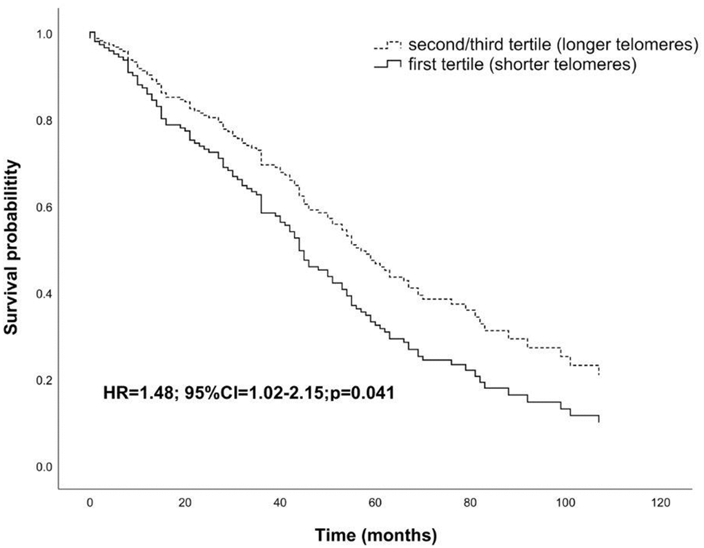 Survival functions relative to carriers of shorter telomeres (first tertile) vs carriers of longer telomeres (second/third tertile) in the follow-up sample after seven years from the baseline visit. The Cox regression was adjusted for age and sex. Time is expressed in months, where zero is considered the time of recruitment. HR value, confidence interval, and p-value from Cox regression analysis are reported inside the figure.