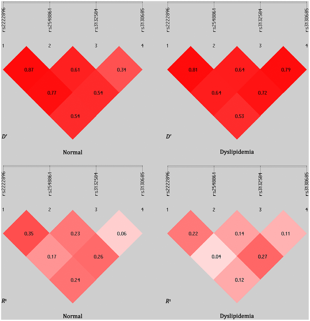 Linkage disequilibrium (LD) analysis for the four TUBB and WWOX SNPs in normal and dyslipidemia groups. LD status is indicated by D′ and R2 values.