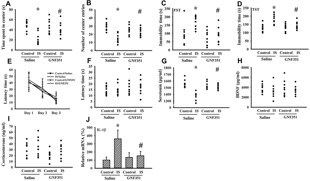 Intracerebroventricular indoxyl sulfate administration caused behavioral alterations. Mice were intraperitoneally injected with normal saline or GNF351 (8 mg/kg) for 30 minutes. The mice were then intracerebroventricularly injected with normal saline or indoxyl sulfate (5 μg per mouse) for 3 weeks. The time spent in the center zone (A) and numbers of center zone entries (B) were evaluated by the Open Field Test. The FST was conducted for a period of 5 min and the duration of immobility was recorded (C). The TST was performed for a period of 6 min and the duration of immobility was recorded (D). In the Morris Water Maze Test, the escape time (E) in the acquisition phase was recorded from 1st to 3rd days. After training for 3 consecutive days, the escape time (F) required to reach the hidden platform was recorded. The serum samples were collected and subjected to the measurement of serotonin (G), BDNF (H), and corticosterone (I) levels. Total RNAs were extracted from the isolated prefrontal cortical tissues and subjected to quantitative RT-PCR for the measurement of IL-1β mRNA level (J). *p 