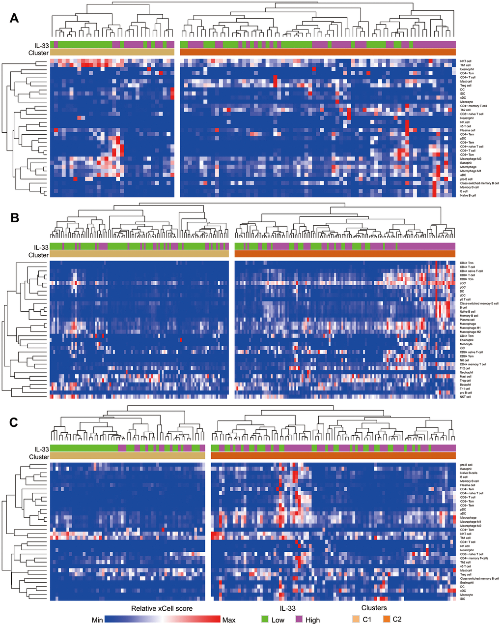 Heatmap depicting the enrichment scores of immune cells in samples. (A) primary melanoma sub-cohort; (B) lymph node metastasis sub-cohort; (C) other metastasis sub-cohort. Immune clusters were determined using unsupervised hierarchical clustering.