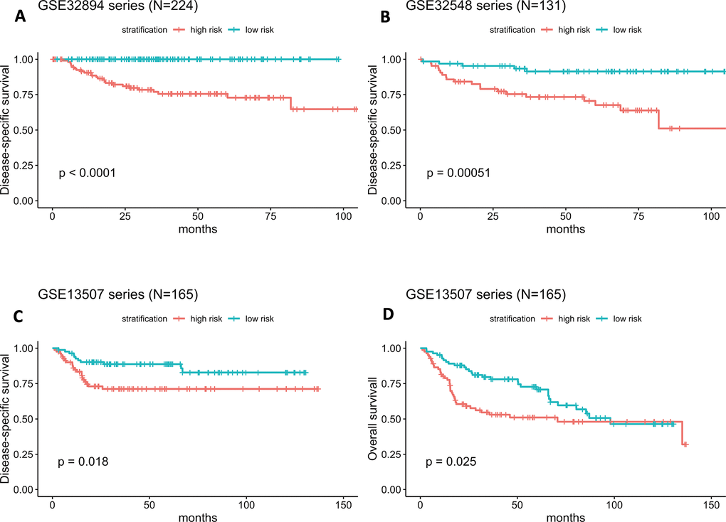 (A–D) Kaplan-Meier survival curves in subgroups stratified by the risk score. The tick marks on the Kaplan-Meier curves represent censored subjects. The differences between the two curves were assessed by the two-sided log-rank test.