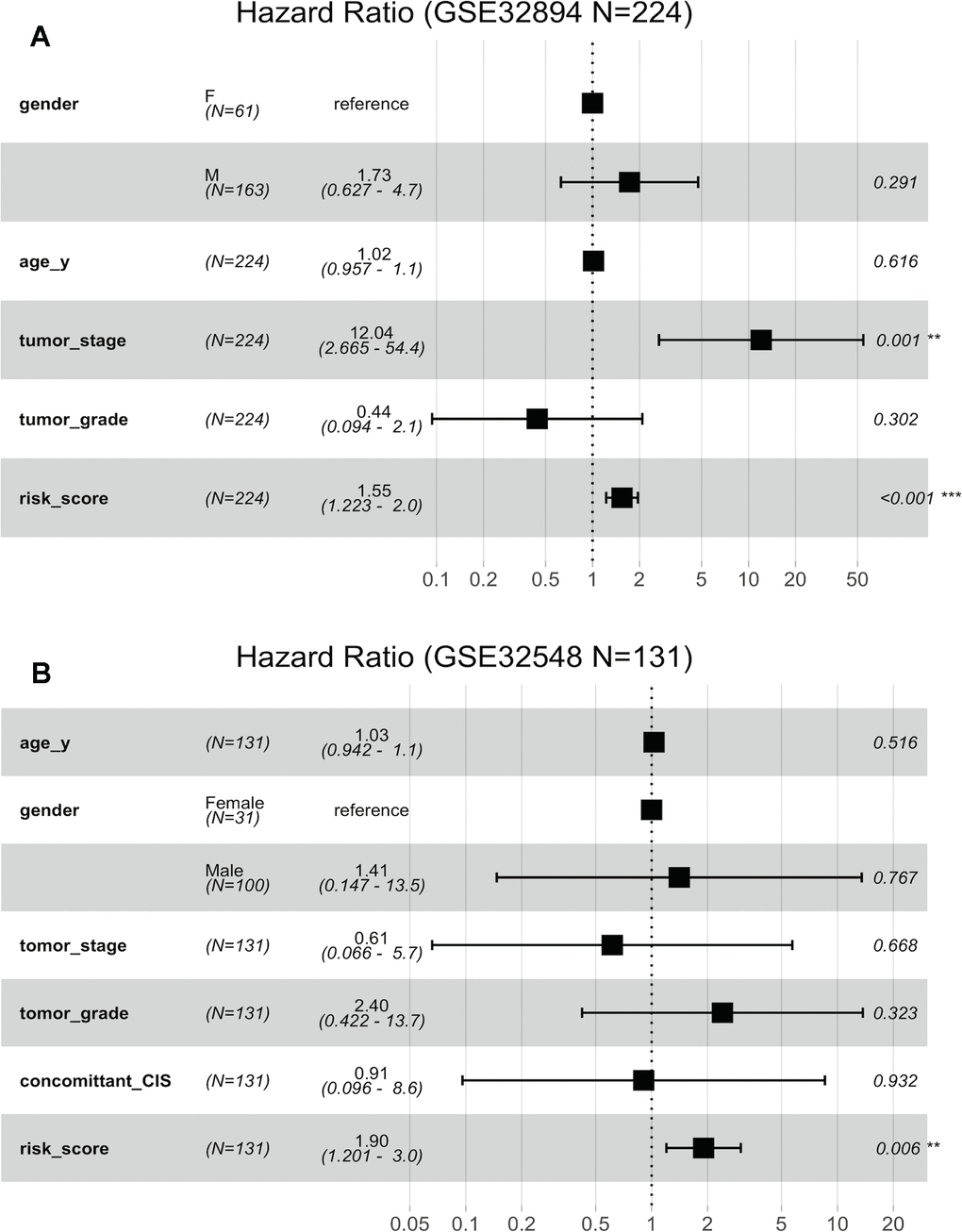 Forest plots showing the hazard ratios (HRs) with 95% confidence intervals (95% CIs) based on the multivariate Cox regression results. (A) Risk score and tumour stage are dependent of age, sex and histopathological grade in GSE32894. (B) Risk score is dependent of sex, age, tumour stage, histopathological grade and concomitant CIS in GSE32894.