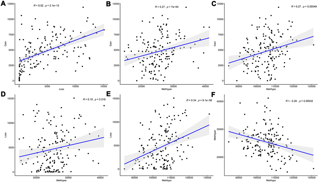 DNA copy number anomalies were highly consistent with methylation abnormalities. (A) Correlation between frequencies of CNV Gain and Loss. (B) Correlation between frequencies of CNV Gain and MetHyper. (C) Correlation between frequencies of CNV Gain and MetHypo. (D) Correlation between frequencies of CNV Loss and MetHyper. (E) Correlation between frequencies of CNV Loss and MetHypo. (F) Correlation between frequencies of MetHyper and MetHypo. Correlation was calculated using the Pearson correlation coefficient.