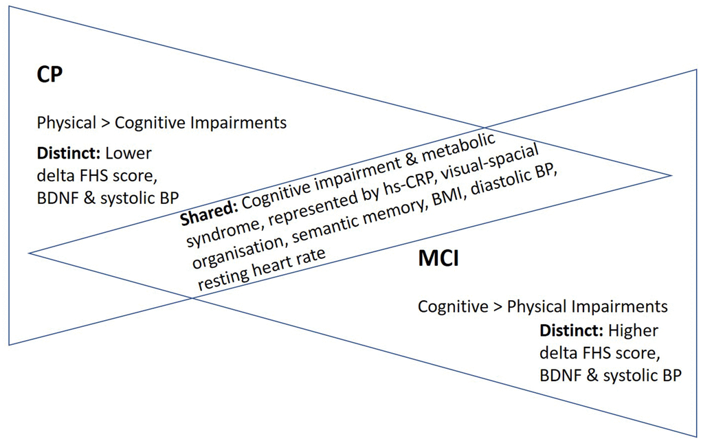 “Inverted” disease trajectories and shared and distinct biomarkers/phenotypes between adults with CP and MCI. A total of six examined measures were comparable between the two cohorts. Taken together these shared biomarker and phenotypes, we proposed a model of “inverted” disease trajectories between CP and MCI, with the shared biomarkers and phenotypes between them represent the “cross-road” where the pathology and phenotypes overlapped in their respective disease trajectories. Furthermore, because the mean age of the adults with CP (25 years old) was much younger than that of older adults with MCI (71 years old), we thus proposed an “accelerated aging” hypothesis, which postulates that young adults with CP have a rate of aging that is accelerated, predisposing them to have similar biological underpinning and phenotypes as older adults with MCI. Abbreviations: FHS=Framingham Heart Study; BDNF=Brain-Derived Neurotropic Factor; BP=Blood pressure; BMI=body-mass index; hs-CRP=high-sensitivity c-reactive protein.