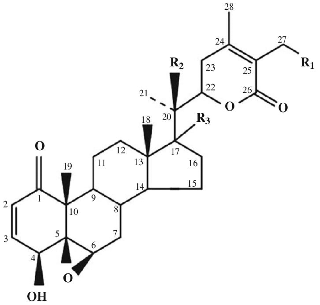 Basic skeleton of withanolides. Withaferin A R1 = OH, R2 = H, R3 = H; Withaferin D R1 = H, R2 = OH, R3 = H; 27-Deoxywithaferin A R1 = H, R2 = H, R3 = H; 27-hydroxywithanolide D R1 = OH, R2 = OH, R3 = H; Dihydrodeoxywithaferin A R1 = H, R2 = H, R3 = H; Dihydrowithaferin A R1 = H, R2 = OH, 17-hydroxywithaferin A, R1 = R3 = OH, R2 = H.