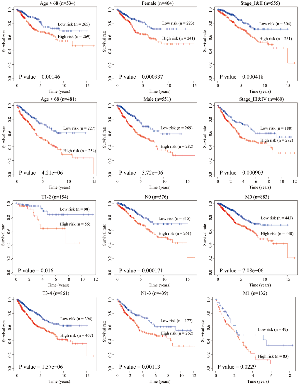 Stratified survival analysis adjusted to age, gender, stage, T, N and M. All CRC patients in the training and testing groups were summarized in the stratified survival analysis. 68 years old was the median age of 1,015 CRC patients.