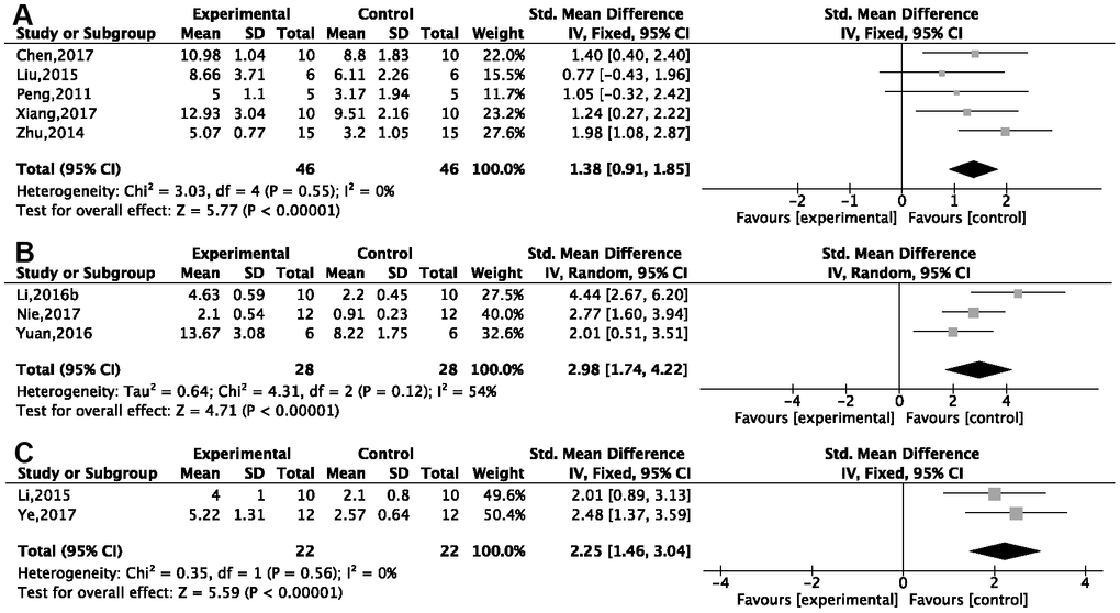 Forest plots of the number of platform crossings in the Morris water maze. Improvements were seen in (A) the d-gal injection model; (B) APP/PS1 transgenic mice; (C) the Aβ1-42 injection model in the ginsenoside Rg1 group compared with a control group.