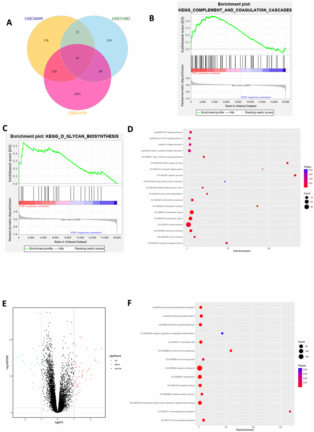 (A) Venn plot of differentially expressed genes among 3 datasets. (B) Gene set enrichment analysis of mutual DEGs among 3 datasets. (C) Gene set enrichment analysis of mutual DEGs among 3 datasets. (D) Bubble chart of functional and pathway enrichment analysis of up-regulated genes. (E) Volcano plot of differentially expressed genes among 3 datasets. Red represented up-regulated genes, green represented down-regulated genes and black represented normal genes. (F) Bubble chart of functional and pathway enrichment analysis of down-regulated genes.