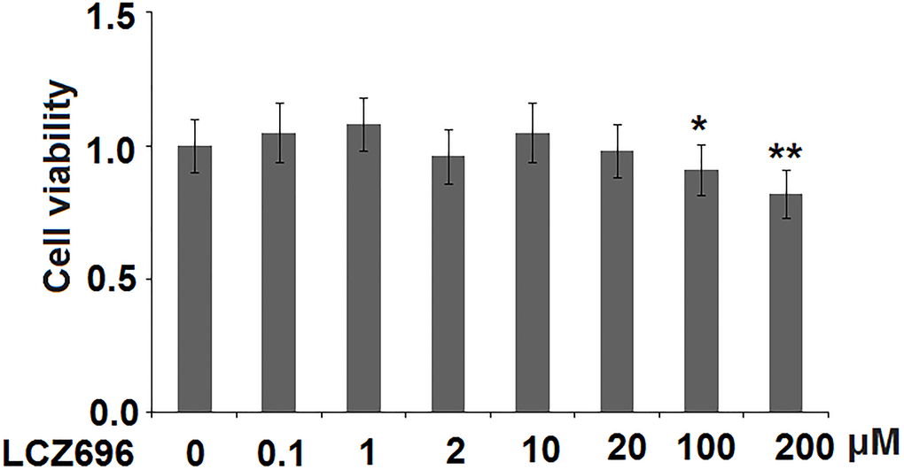 The effects of LCZ696 on cell viability in human umbilical vein endothelial cells (HUVECs)