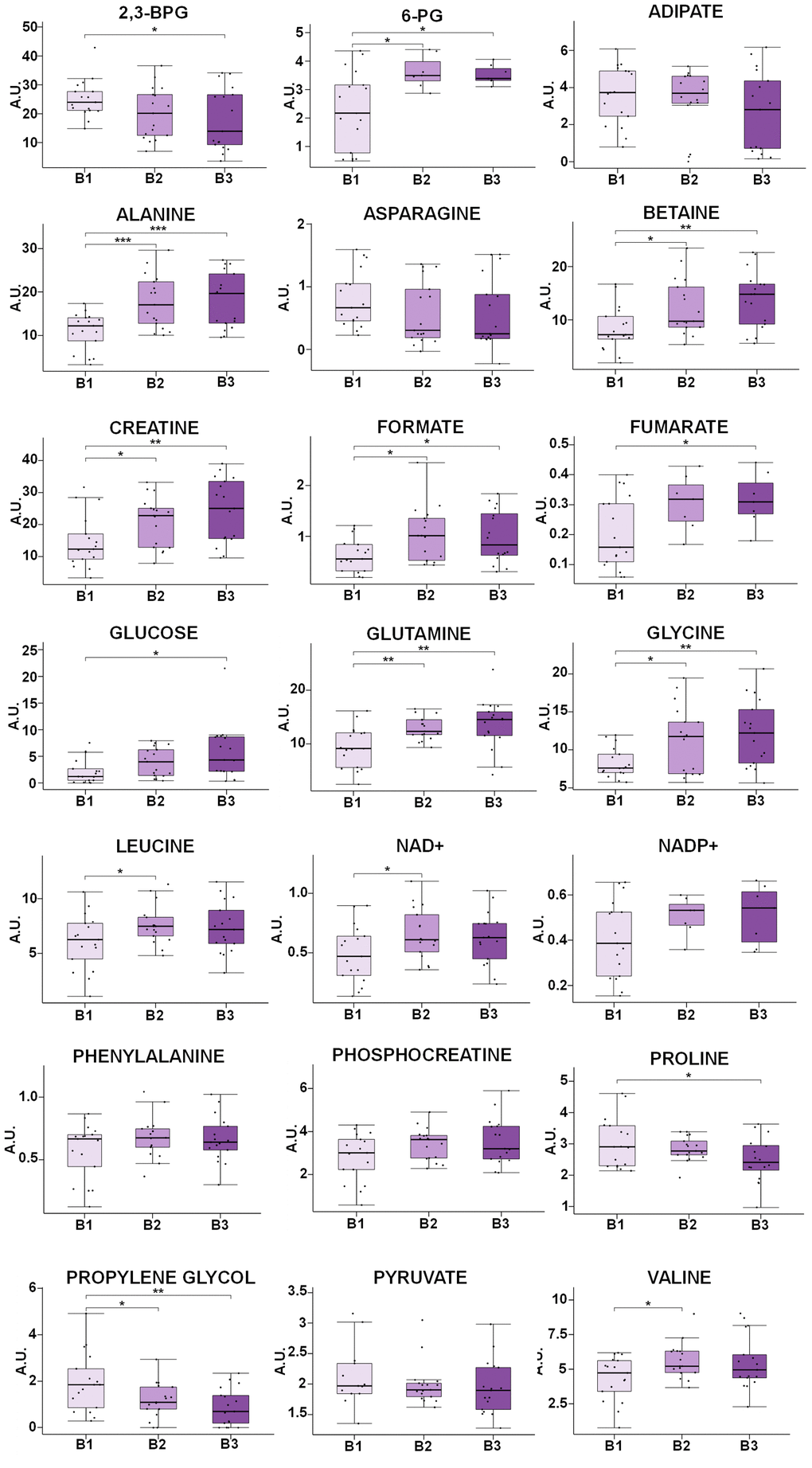 Box-plot comparison of the concentrations associated with the most relevant metabolites involved in the discrimination based on the BMI value. Metabolites that do not present statistically significant changes, but show clear trends with BMI, has been also included (NADP+, phenylalanine, phosphocreatine, asparagine). Concentration values are normalized to total intensity. Values are represented as mean±SEM. * p 