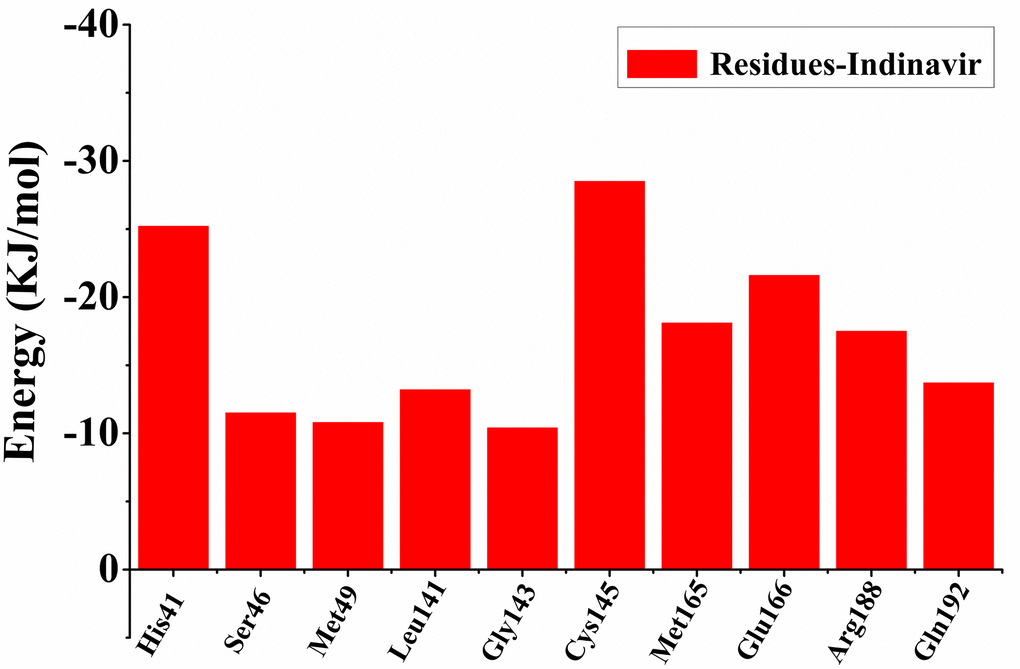 The first 10 main residues in 3CLpro that contribute to the binding free energy of 3CLpro and Indinavir. The ordinate indicates the value of binding free energy, and the abscissa indicates the residue.