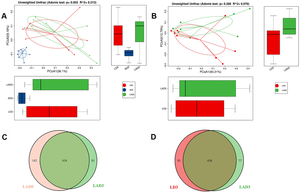 Adonis analysis was used to compare the difference of beta diversity among LD3, LAD3 and AD3. OTU Venn diagram was used to calculate the number of common and unique OTUs of LAD0 and LAD3 and LD3 and LAD3. (A) Compare LD3, Adonis analysis of species diversity between AD3 and LAD3 groups. (B) Adonis analysis of species diversity between LD3 and LAD3 groups. (C) OTU Venn analysis of fecal abundance between LAD0 and LAD3 groups. (D) OTU Venn analysis of fecal abundance between LD3 and LAD3 groups; P ≤ 0.01 means an extremely significant difference).