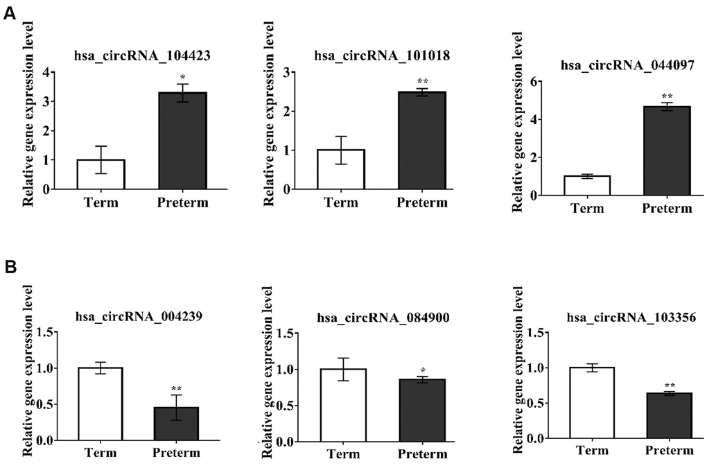 circRNAs expression verification by qPCR. *P-value A) The circRNAs upregulated in PC, (B) The circRNAs downregulated in PC.