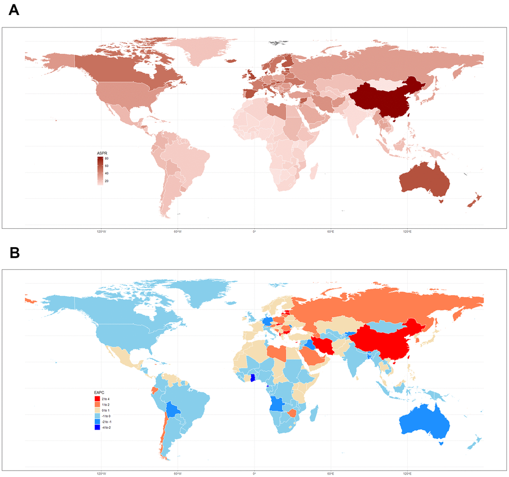 (A) ASPR in 2017 and (B) related EAPCs from 1990 to 2017 in 195 countries and territories.