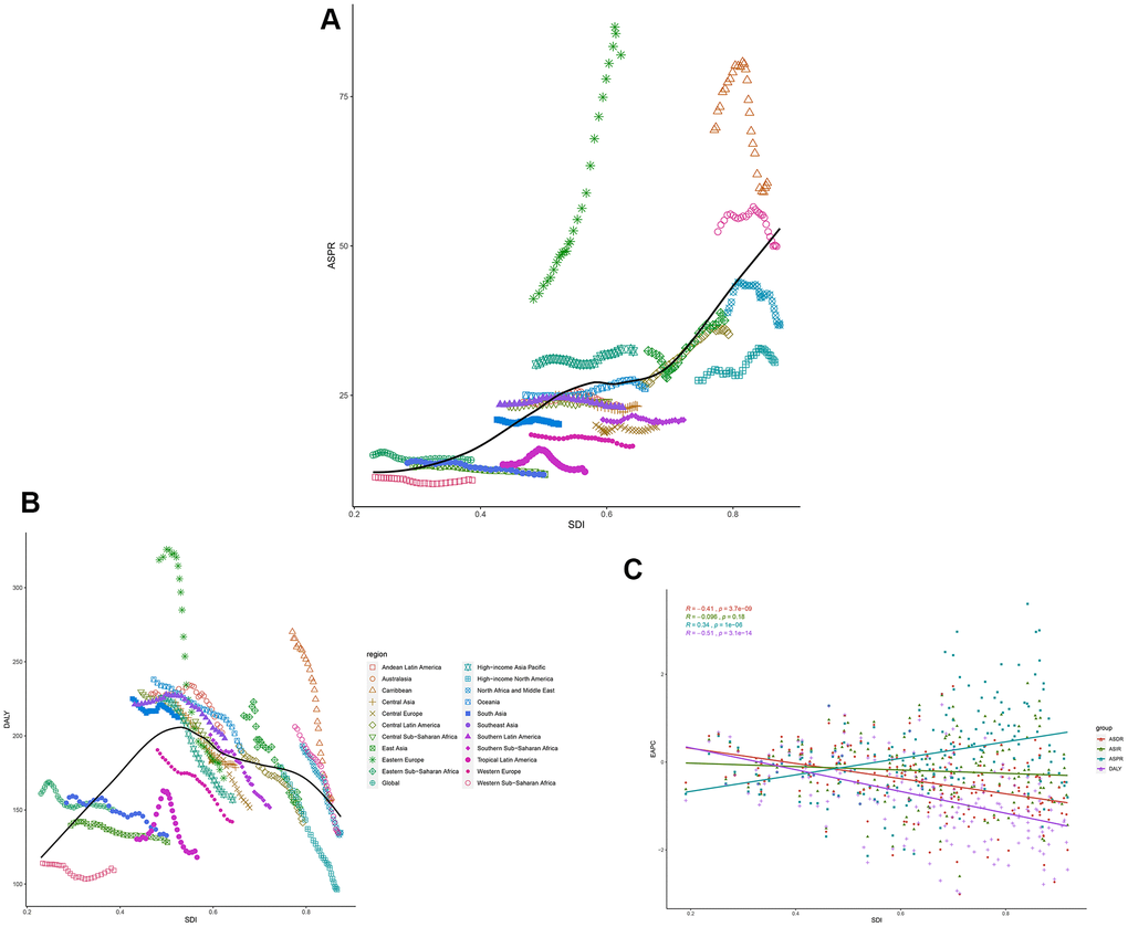 The black line represents the average expected relationship between leukemia (A) ASPRs and (B) DALYs and SDIs in GBD super regions based on values from 1990 to 2017. (C) The correlation of EAPCs and leukemia ASRs in 195 countries and territories in 2017.