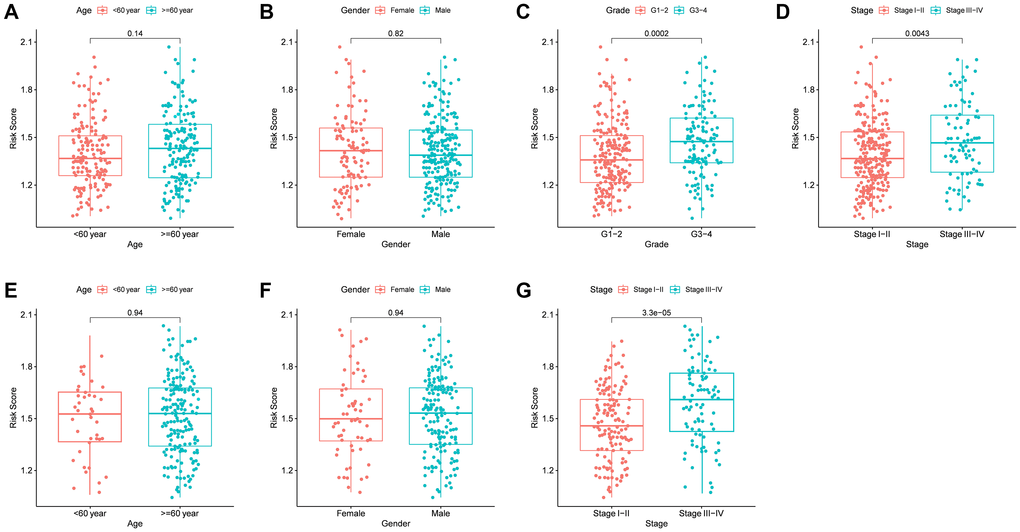 The risk score in different groups stratified by clinical characteristics. TCGA cohort (A–D), ICGC cohort (E–F). (A, E) Age. (B, F) Gender. (C) Tumor grade. (D, G) Tumor stage.