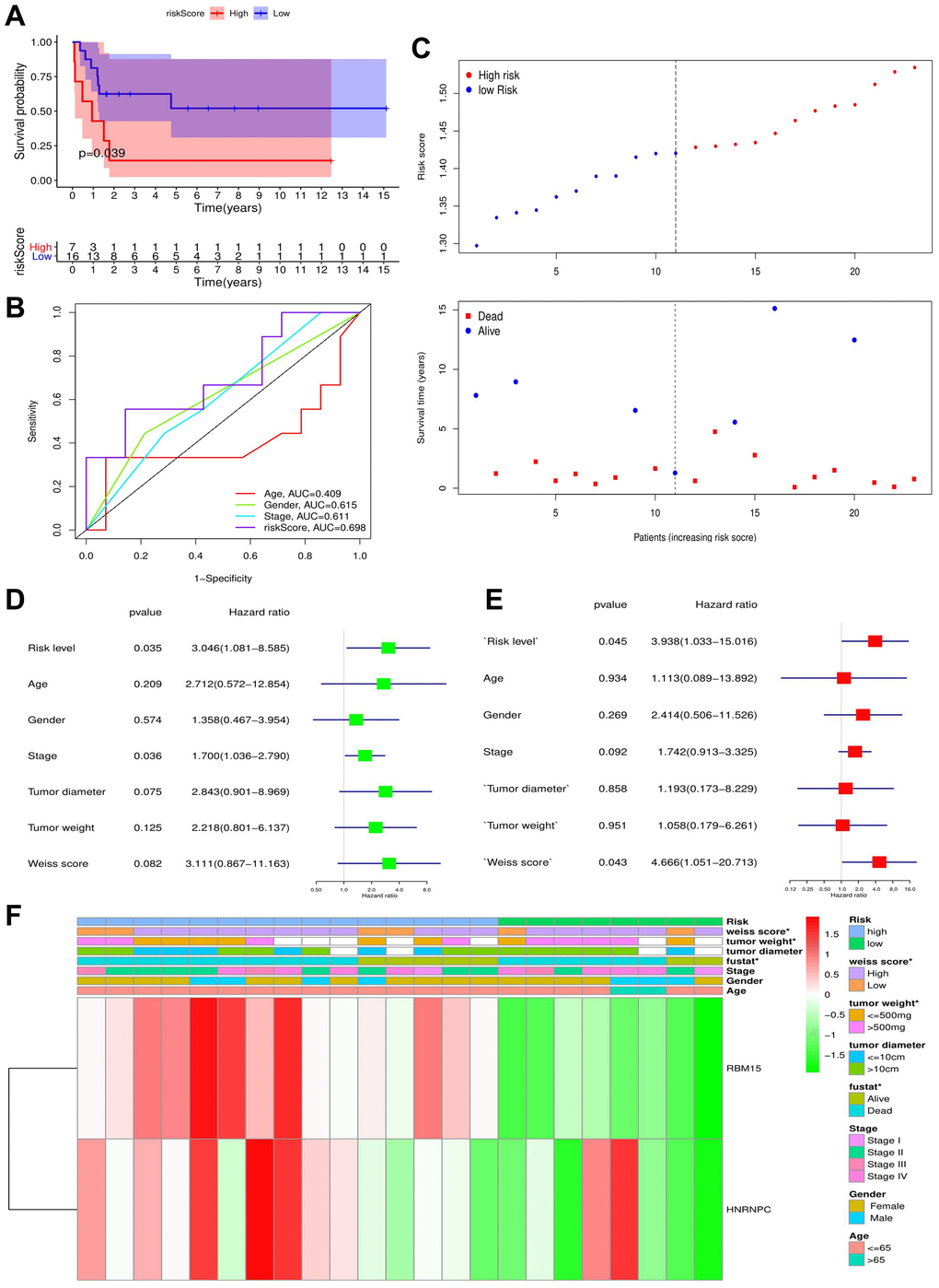 The validation of m6A-related risk signature in GSE33371 cohort. (A) The survival difference between the high- and low-risk groups. (B) Multivariable ROC curves in the validation cohort. (C) The risk plots in the validation cohort. (D–E) identification of independent prognostic factors in the validation cohort. The results of cox univariate regression are shown in green and those of cox multivariate regression are red. (F) The heatmap of m6A risk signature in validation cohort. *P 