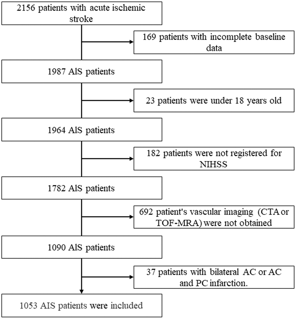 Flowchart of the study population. AIS: acute ischemic stroke; NIHSS, National Institutes of Health Stroke Scale; CTA: CT angiography; TOF-MRA: time-of-flight magnetic resonance angiography; AC: anterior circulation; PC: posterior circulation.