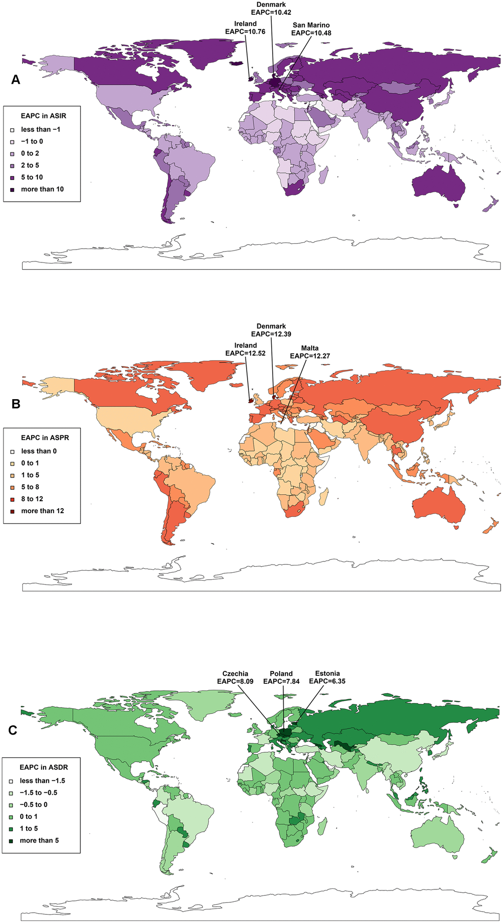 The trends of CAVD for both sexes in 204 countries and territories from 1990 to 2019. (A) The EAPC in ASIR; (B) the EAPC in ASPR; (C) the EAPC in ASDR. Abbreviatons: CAVD, calcific aortic valve disease; EAPC, estimated annual percentage change; ASIR, age-standardized incidence rate; ASPR, age-standardized prevalence rate; ASDR, age-standardized deaths rate.