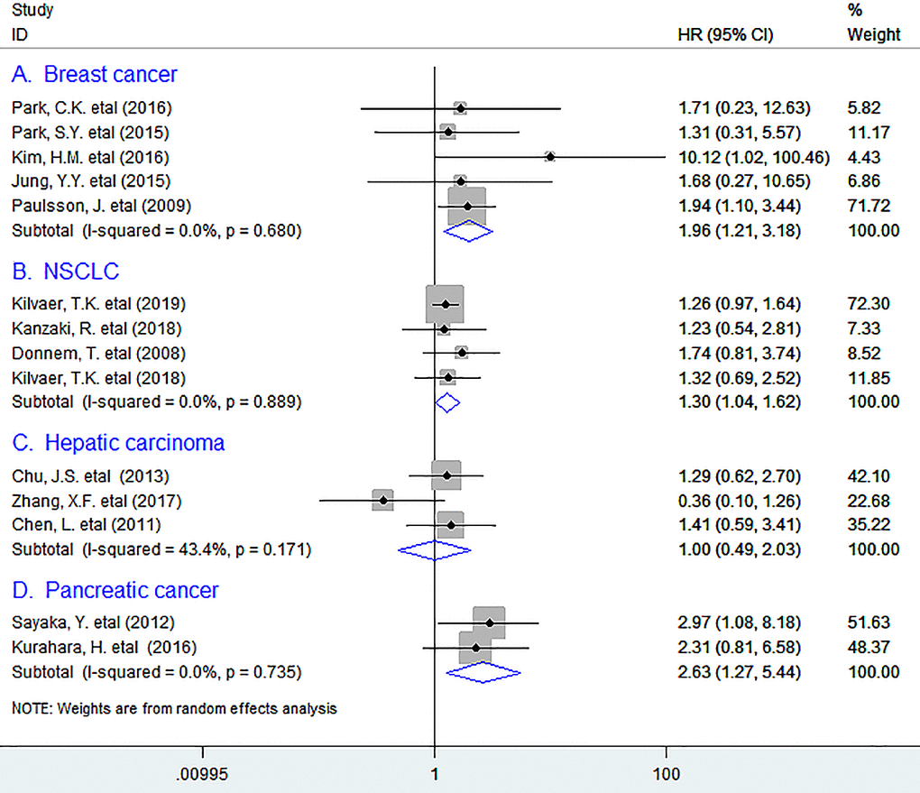 Subgroup analyses describing HRs of the association between PDGFR-β+ fibroblast infiltration and OS in breast cancer (A), NSCLC (B), Hepatic carcinoma (C), and pancreatic cancer (D). HRs: hazard ratios; OS: overall survival.