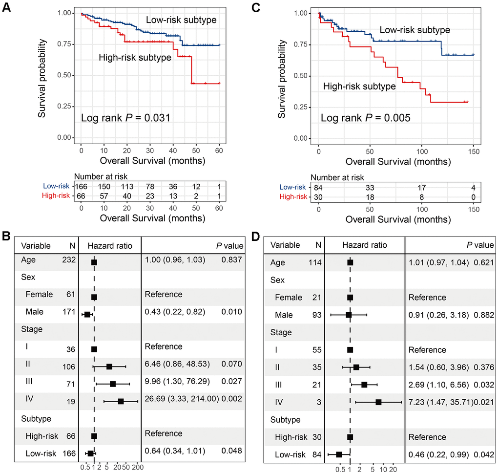 Validation for the 2 HCC subtypes with additional 2 independent datasets. (A, B) Univariate and multivariate survival analysis of 2 HCC subtypes in the ICGC cohort. (C, D) Univariate and multivariate survival analysis of 2 HCC subtypes in GSE76427.