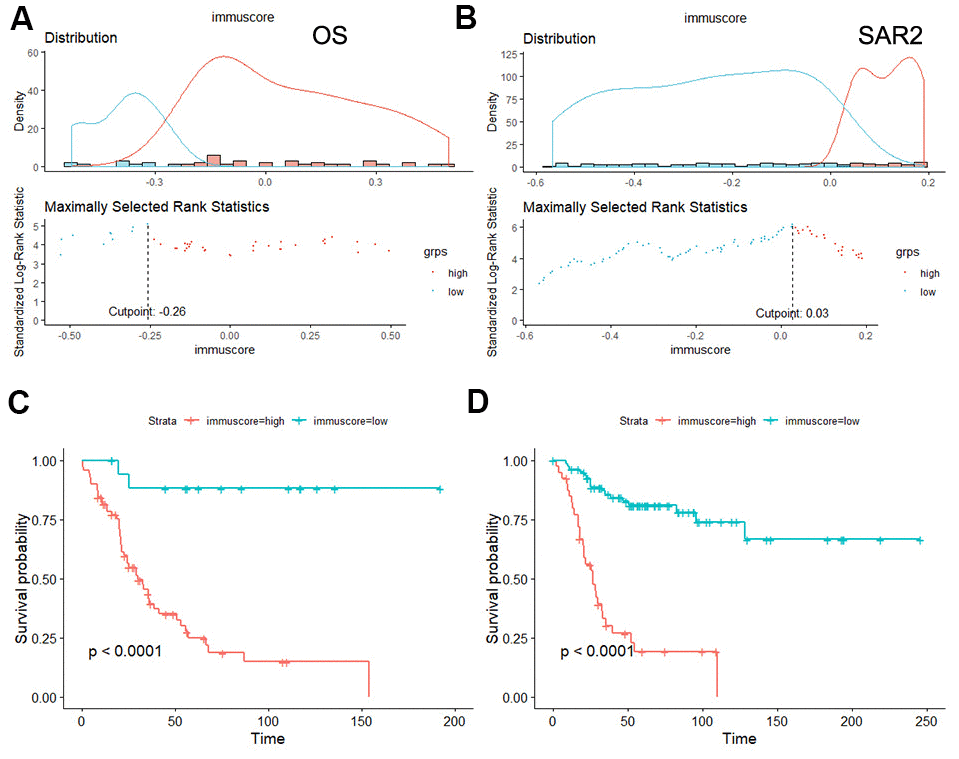 Survival analysis of the immunoscore in OS and SAR2. (A, B) The distribution of immunoscore and the selection of cut-off point, (A) OS group, (B) SAR2 group; (C, D) Kaplan-Meier curves for overall survival by immunoscore group.