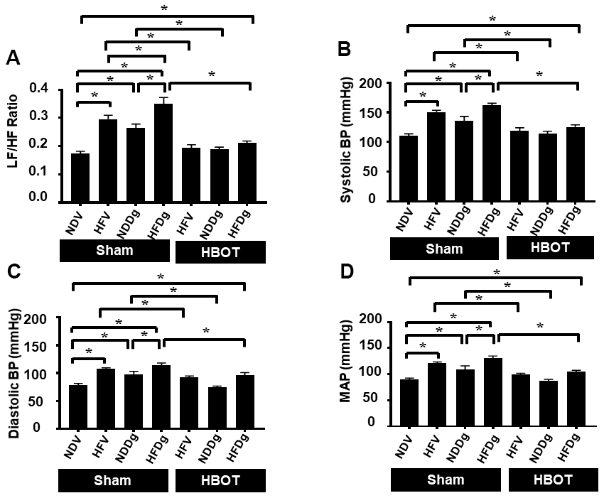Effect of HBOT on heart rate variability and blood pressure in pre-diabetic rats after induction of aging by D-gal. (A) Heart rate variability. (B) Systolic blood pressure. (C) Diastolic blood pressure. (D) Mean arterial blood pressure. NDV, normal diet fed rats with vehicle; NDDg, normal diet fed rats with D-gal; HFV, high-fat diet fed rats with vehicle; HFDg, high-fat diet fed rats with D-gal; LF/HF, low frequency/high frequency ratio; SBP, systolic blood pressure; DBP, diastolic blood pressure; MAP, mean arterial pressure; HBOT, hyperbaric oxygen therapy. (n = 8/group). *P 