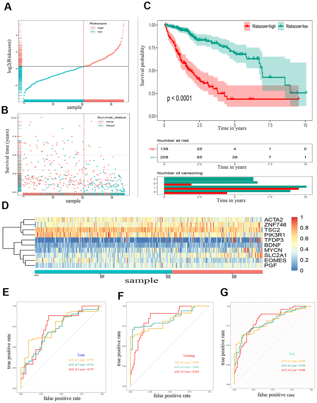 Construction of a 10 gene based EMT-related prognostic signature for HCC in TCGA-LIHC cohort. (A) The risk score distribution of HCC patients in TCGA-LIHC cohorts. (B) Duration and survival status of HCC patients. (C) Kaplan-Meier analysis of ten-gene signature in TCGA-LIHC cohort. (D) Heatmaps of the ten gene signature relative expression. (E) Time-dependent ROC analysis of ten-gene signature in training set. (F) Time-dependent ROC analysis of ten-gene signature in testing set. (G) Time-dependent ROC analysis of ten-gene signature in total cohort. HCC, hepatocellular carcinoma; TCGA, The Cancer Genome Atlas; ROC, receiver operating characteristic curve.