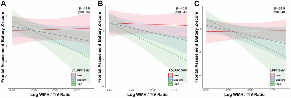 Grey matter volume in the executive control network moderates the relationship between white matter hyperintensity volume and executive function at high white matter hyperintensity load. The association between executive function (frontal assessment battery) decline and increasing WMH load in tercile 3 was moderated primarily by executive control network (A) LDLPFC, (B) RDLPFC and (C) LPPC grey matter volume. Abbreviations: WMH, white matter hyperintensity; TIV, total intracranial volume; LDLPFC, left dorsolateral prefrontal cortex; RDLPFC, right dorsolateral prefrontal cortex; LPPC, left posterior parietal cortex; GMV, grey matter volume.