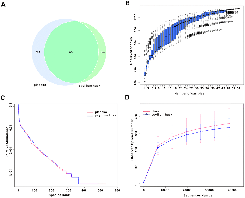 Species abundance and bacterial diversity in both groups. (A) The Venn diagram indicates overlap of OTUs between the two groups. (B) The species accumulation boxplot displays species richness. (C, D) Rank abundance curve analysis and rarefaction curve analysis were used to show bacterial diversity and species abundance.