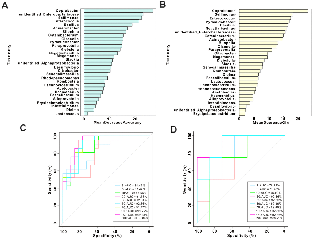 Gut microbiotal signatures distinguish the placebo group from the psyllium husk group. (A, B) We screened out important species using MeanDecreaseAccuracy and MeanDecreaseGin. (C) ROC analysis in the discovery cohort and with different numbers of bacteria. (D) ROC analysis in the validation cohort and with different numbers of bacteria.