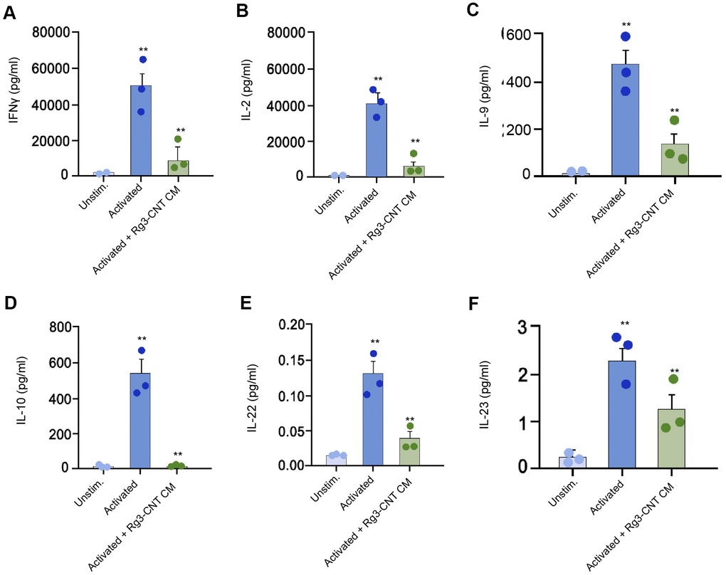 Rg3-CNT regulates effector T cell interferon-γ secretion. (A–F) The levels of the indicated cytokines were analyzed by ELISA assays in either unstimulated or activated PBMCs. Data are presented as mean ± SD. Statistic significant differences were indicated: ** P 