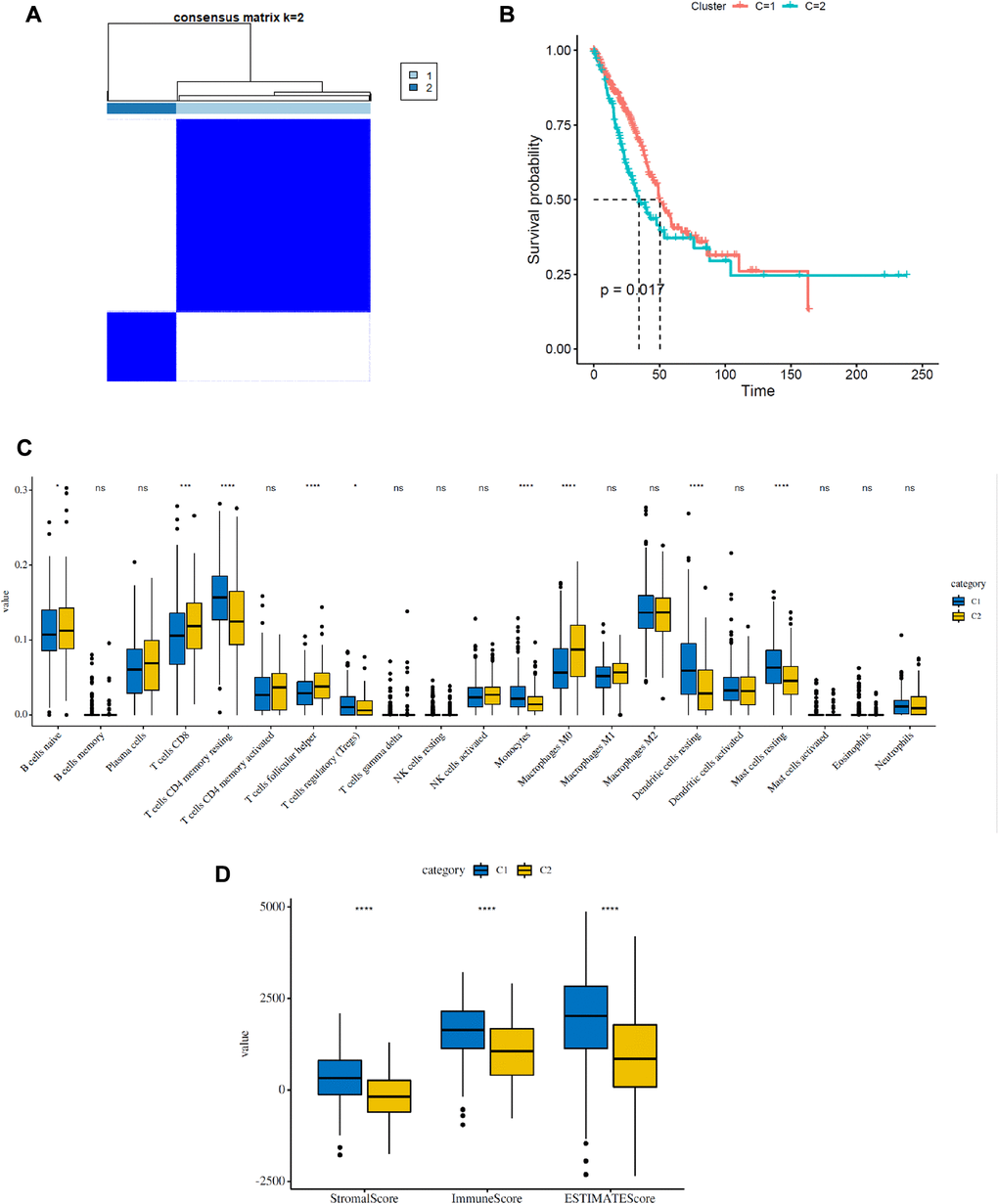 Consensus clustering analysis of FRGs in LUAD. (A) Consensus clustering matrix for k = 2. (B) Kaplan–Meier curves of the overall survival (OS) of patients with LUAD in two clusters (cluster 1/2) (P = 0.017). (C) The infiltrating levels of 21 immune cell types in two clusters (cluster 1/2). *p **p D) Immune score and stromal score of FRG-based clusters.