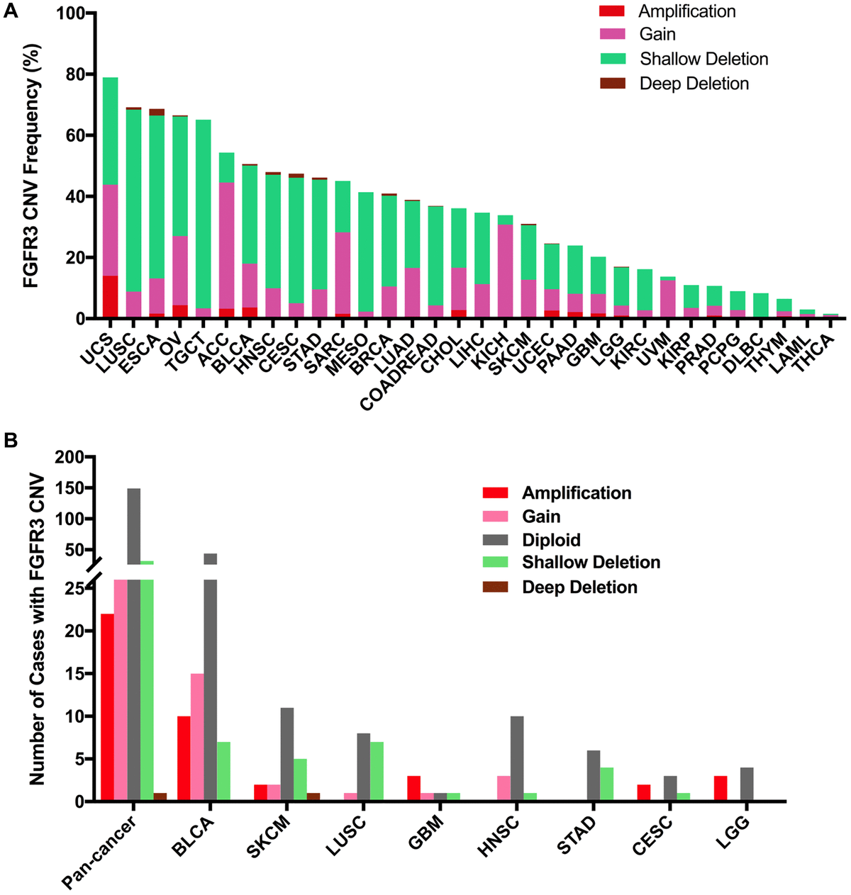 Pan-cancer analysis of FGFR3 Copy Number Variant (CNV). (A) The CNV frequency of FGFR3 across various tumor types. (B) FGFR3 CNV distribution in pan-cancer and the top eight tumors for the cases with FGFR3 mutations simultaneously.