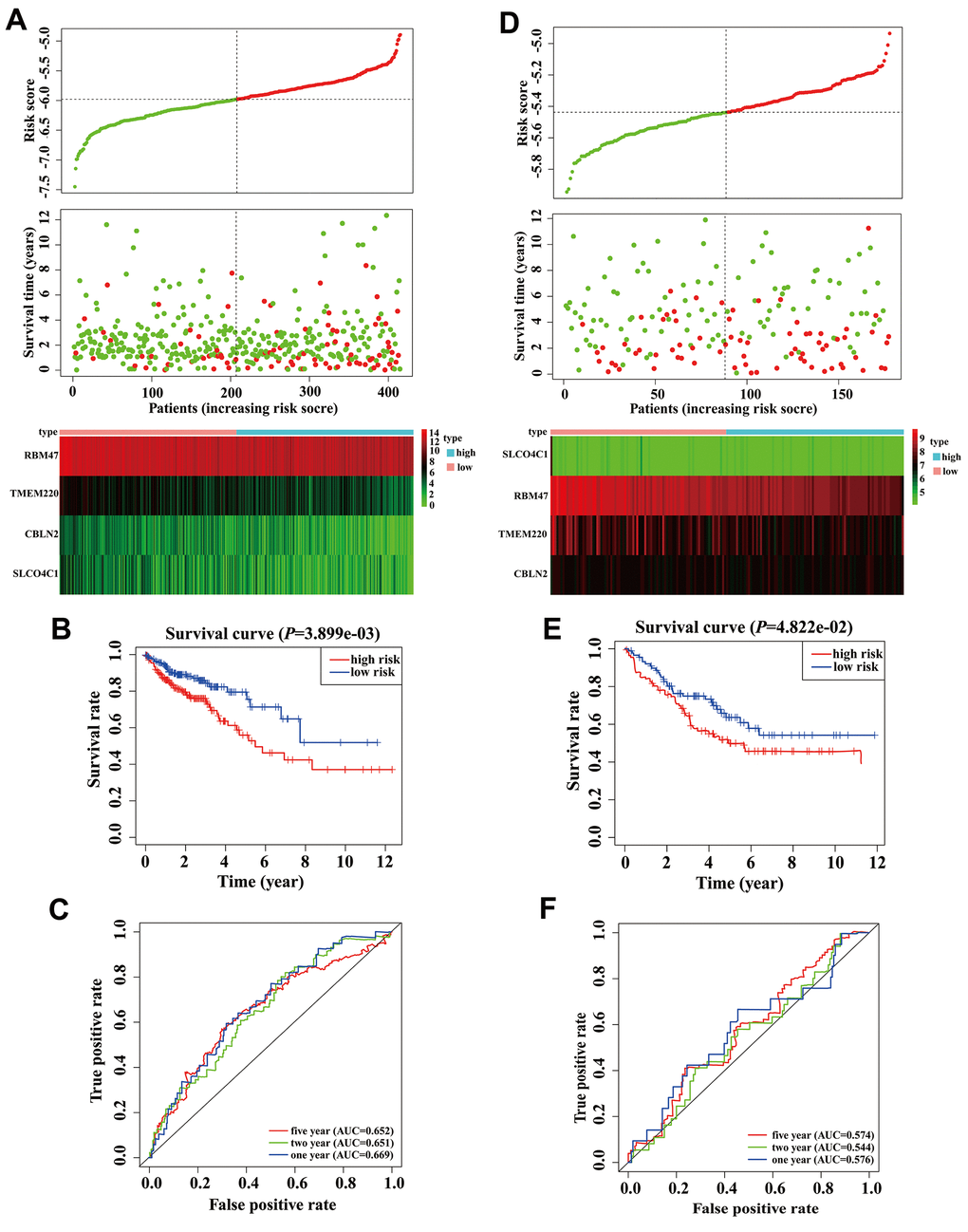 Validation and development of risk prediction model in colon adenocarcinoma (COAD) patients. (A) Risk score distribution in COAD patients, survival status of COAD patients, and expression heatmap of four methylation-driven genes (MDGs) in a Cancer Genome Atlas (TCGA) training cohort. (B) The K-M curve of overall survival (OS) for COAD patients between two different groups in our TCGA training cohort. (C) Time-dependent ROC curves at 1 year, 2 years, and 5 years in the TCGA training cohort. (D) Risk score distribution of COAD patients, survival status of COAD patients, and expression heatmap of four MDGs in a validation cohort. (E) The K-M curve of OS for COAD patients between two different groups in a validation cohort. (F) Time-dependent ROC curves at 1 year, 2 years, and 5 years in a validation cohort.
