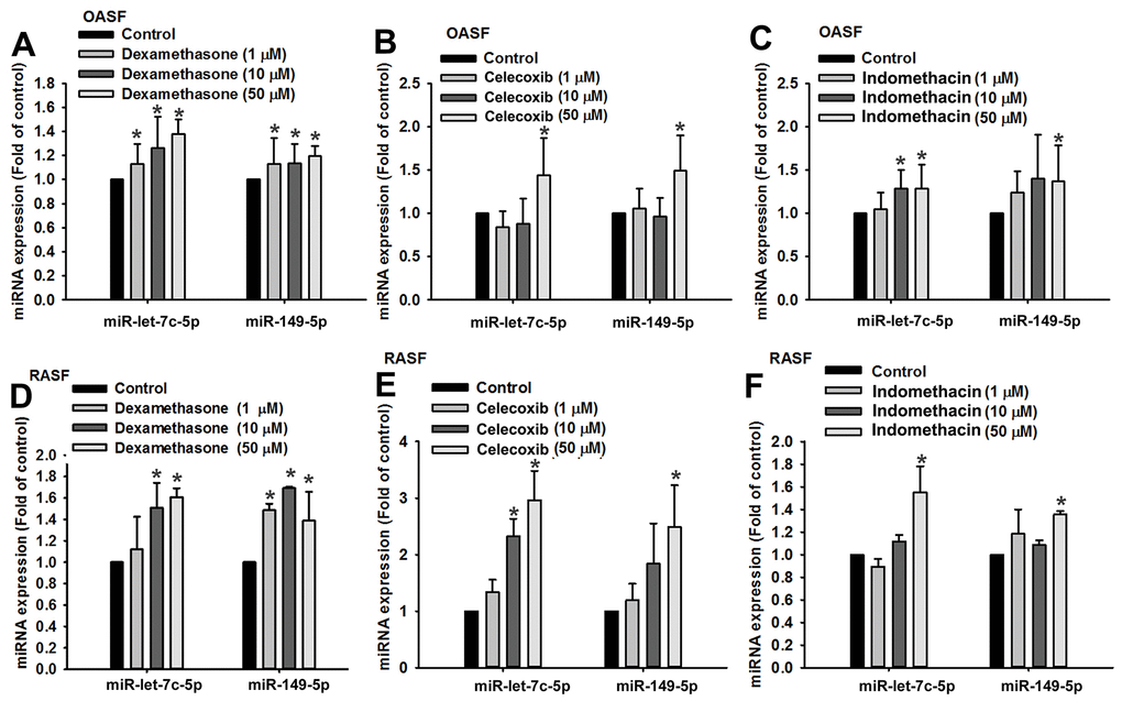 Anti-inflammatory agents upregulate miR-let-7c-5p and miR-149-5p expression. OASFs (A–C) and RASFs (D–F) were treated with dexamethasone, celecoxib, or indomethacin (1–50 μM), then subjected to qPCR quantification of miR-let-7c-5p and miR-149-5p expression.
