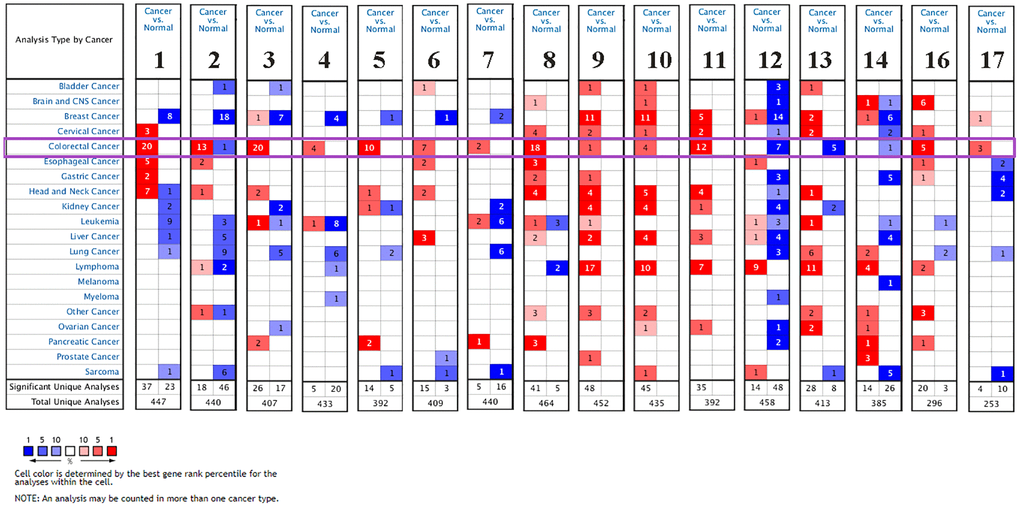 The mRNA expression levels of CXC chemokines in different types of cancers (Oncomine). The figure presents the numbers of datasets with statistically significant mRNA over-expression (red) or downregulated expression (blue) of CXC chemokines.