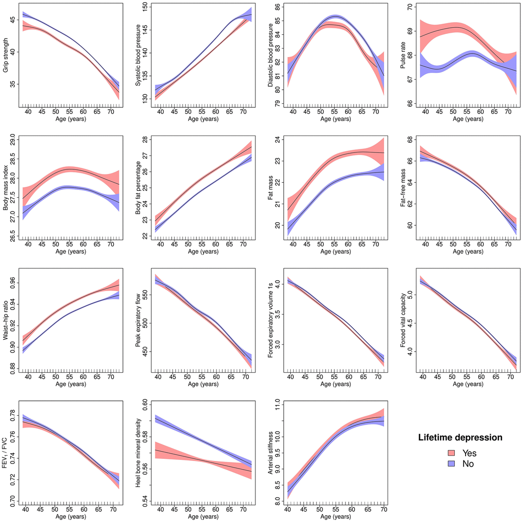 Generalised additive models of age-related changes in physiological measures in males with lifetime depression and healthy controls. The solid lines represent physiological measures against smoothing functions of age. The shaded areas correspond to approximate 95% confidence intervals (± 2 × standard error). FEV1, forced expiratory volume in one second; FVC, forced vital capacity.