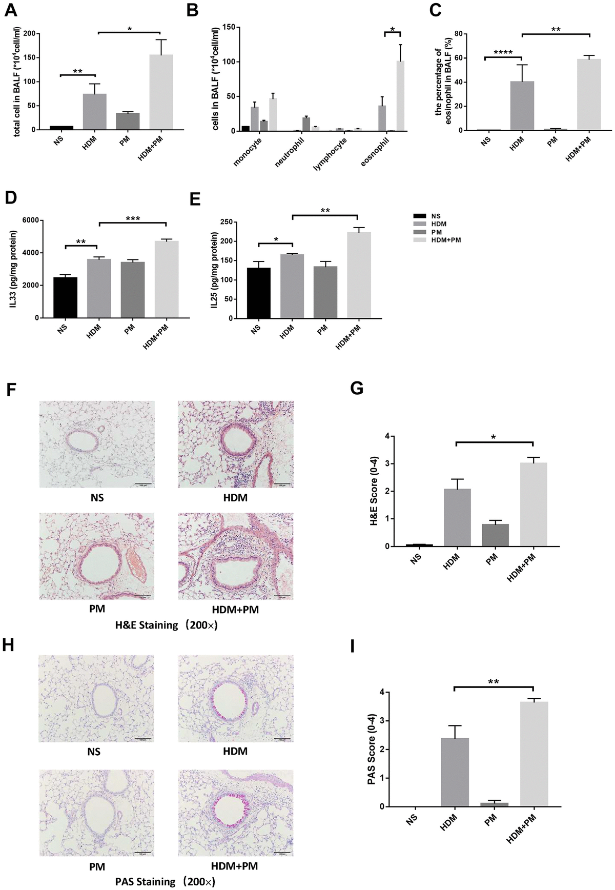 PM2.5 aggravated the HDM-induced airway inflammation. Male C57BL/6 mice (N = 8 for each group) were instilled intratracheally with NS, HDM, PM, or HDM+PM. Total inflammatory cells, cell differentiation of inflammatory cells, and the percentage of eosinophils in BALF were assessed (A–C). Protein levels of IL-33 (D) and IL-25 (E) in the lung tissues were measured using ELISA. Representative images of lung tissues stained with H&E (F) and PAS (H) were showed under the microscope (10 × 20 magnification). Inflammatory score (G) and mucus production (I) with semi-quantification (score: 0–4) was analyzed (N = 10 images for each group). Data were presented as Means ± SEM (*, P 