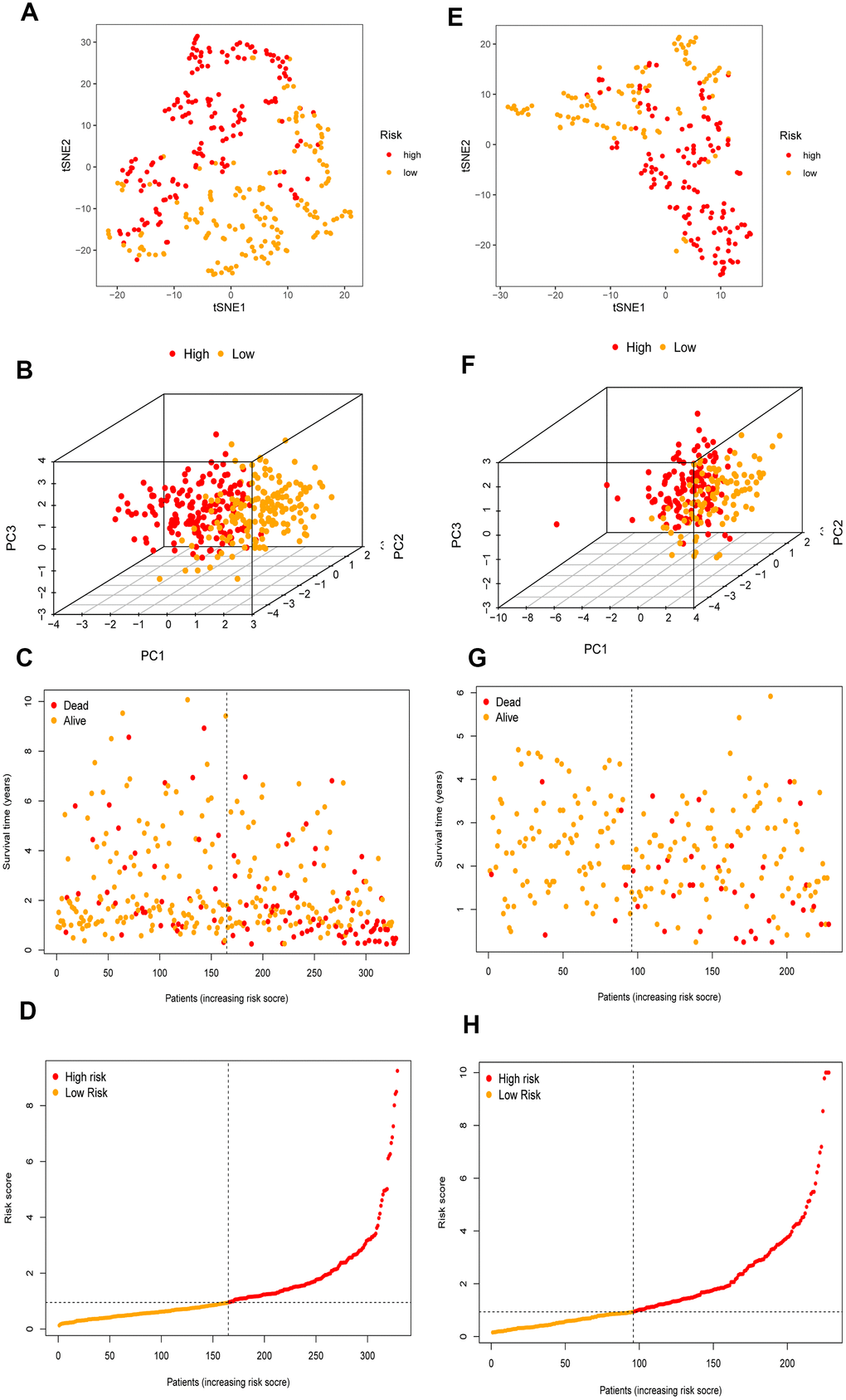 The validation of the risk prognostic model in HCC patients. (A–D) t-SNE, PCA, survival status scatter plots and risk score distribution shown the power prognostic ability of the risk prognostic model in TCGA. (E–H) t-SNE, PCA, survival status scatter plots and risk score distribution shown the power prognostic ability of the risk prognostic model in ICGC.