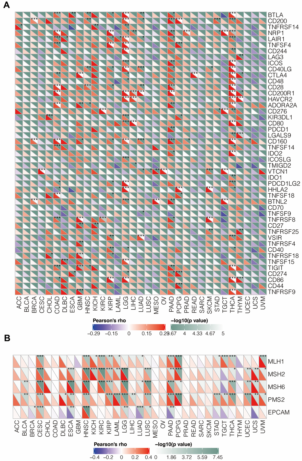 Relationship between IGSF10 expression and levels of immune checkpoint genes (ICGs) as well as mis-match repair genes (MMRs) in pan-cancer tissues. (A) The correlation analysis between IGSF 10 expression levels and immune checkpoint gene (ICG) expression in pan-cancer tissues. (B) Correlation analysis between IGSF 10 and five mismatch repair (MMR) genes, MLH1, MSH2, MSH6, PMS2, and EPCAM, in pan-cancer tissues. Note: * denotes p 